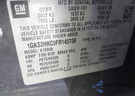 2015 GMC Yukon Xl 1500 Slt from USA, damaged, VIN 1GKS2HKC9FR143708